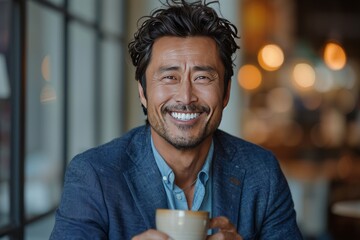 Smiling Asian businessman with coffee in a stylish cafe