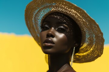 Portrait of a fashionable woman wearing a sun hat casting beautiful shadows on her face
