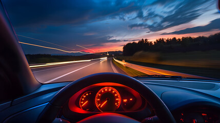 Driver view to the speedometer at 59 kmh or 59 mph on a road blurred in motion night fall view from inside a car of driver POV of the road landscape : Generative AI