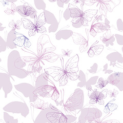 Butterflies are pink, blue, lilac, flying, delicate line art, clip art. Graphic illustration hand drawn in pink, lilac ink. Seamless pattern EPS vector