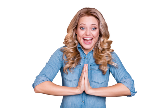 Close-up portrait of her she nice cute lovely charming attractive glad optimistic cheerful wavy-haired lady fan wish want gift present anticipating isolated over gray violet purple pastel background