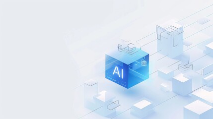 Obraz premium AI chip on a white background, with a blue and grey color theme featuring isometric abstract tech elements.