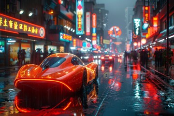 Futuristic sports car driving through a neon-lit city street on a rainy night