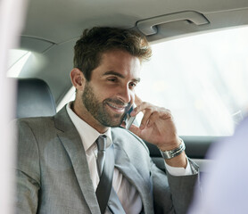 Man, phone call and smile in car seat for audio conversation, funny joke and good news in urban...