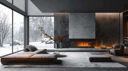 winter home decor, stylish living room with fireplace sleek, minimalist design ideal for winter evenings