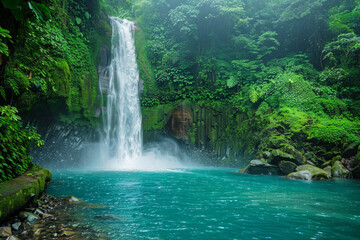 A spectacular waterfall plunging into an emerald pool below, surrounded by verdant foliage, moss-covered rocks, and misty spray, creating a mesmerizing tableau of natural beauty and aquatic splendor. 