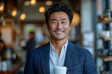 Smiling Asian businessman with coffee in a stylish cafe