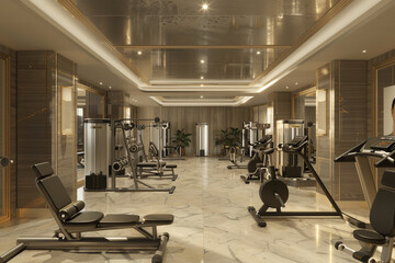 Sleek and stylish front view of a luxury wear house's modern gym with state-of-the-art fitness equipment.