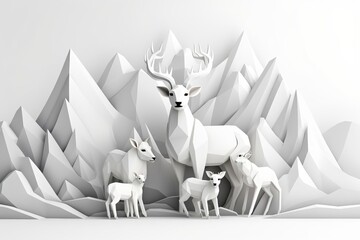 mammal family flat design front view mountain theme 3D render black and white