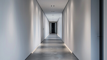 Sleek minimalist hallway with smooth concrete flooring and recessed lighting in the ceiling.