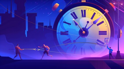 Using rope pulleys and blocks, hurried workers are pulling the clock hand, stopping or slowing down time, and watching the boss.
