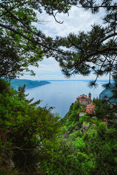 The sanctuary of Montecastello, one of the most beautiful panoramic points of Lake Garda, near the town of Piovere, Italy - May 4, 2024.