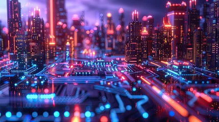 Intricate digital artwork of a futuristic circuit board with blue and pink neon lights. Combines the beauty of high-tech cyberpunk. future technology concept