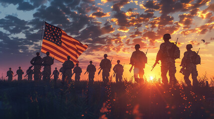 Silhouettes of soldiers with USA flag against the sunset. Greeting card for Veterans Day, Memorial Day, Independence Day,generative Ai