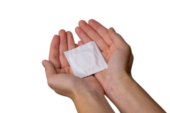 The girl is holding a white condom package in her hands. Mockup.PNG. Cut out background