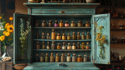 ayurvedic medicine cabinet stocked with herbs and oils for holistic healing, with space for text, showcasing traditional practices