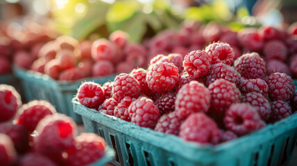 Fresh raspberries in baskets at an outdoor market with sunlight.