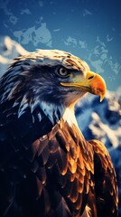 Eagle, close up, focus on, copy space, sharp and regal, Double exposure silhouette with mountains.