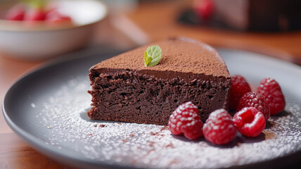 A slice of chocolate cake with raspberries and a mint leaf on top.