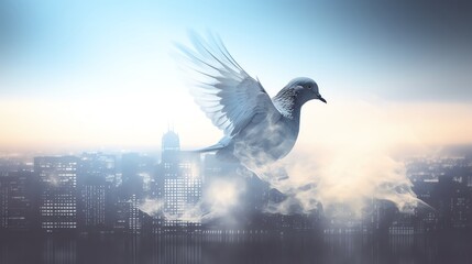 Dove, close up, focus on, copy space, peaceful and gentle, Double exposure silhouette with city skyline.