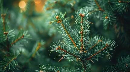 Pine tree branches in nature close up of green fir needles in winter forest