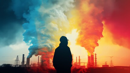 Geothermal energy, earths heat, clean power, close up, focus on, copy space, bold and vivid colors, Double exposure silhouette with geothermal plant.