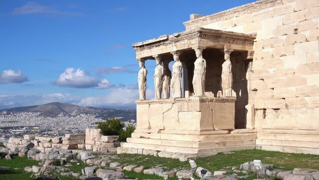 Athens 05,22,2024 Acropolis in Greece, Parthenon in Athens drone aerial view, famous Greek tourist attraction, Ancient Greece landmark  - Caryatids statue Temple  Unesco Heritage world 