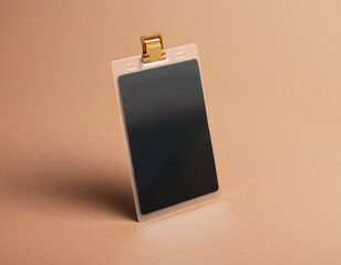 Clear Plastic ID Badge Holder With Clip on Beige Background in Studio Lighting