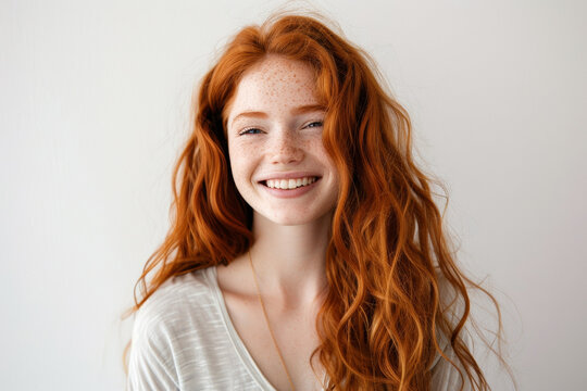 portrait of young redhead woman with freckles, smiling. girl with long red wavy hair looking happy and radiant. ginger female on white background, isolated with copy space