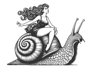 woman gracefully riding atop a giant snail, elements of fantasy and whimsy sketch engraving generative ai fictional character vector illustration. Scratch board imitation. Black and white image