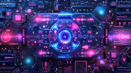 Obraz premium Intricate digital artwork of a futuristic circuit board with blue and pink neon lights. Combines the beauty of high-tech cyberpunk. future technology concept