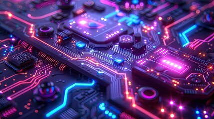 Obraz premium Intricate digital artwork of a futuristic circuit board with blue and pink neon lights. Combines the beauty of high-tech cyberpunk. future technology concept