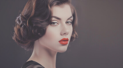 Fototapeta premium Portrait of a girl with short wavy hair and red lipstick 