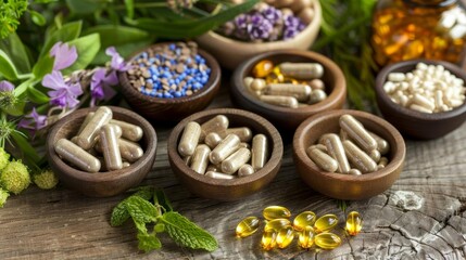 Natural herbs and supplements on a table