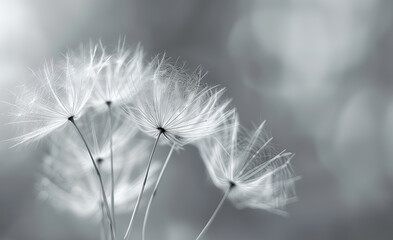 Macro photography capturing the delicate details of a dandelion seed head, highlighted against a dark background.