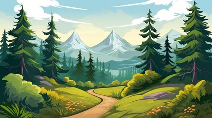 nature hike flat design top view forest theme cartoon drawing Analogous Color Scheme