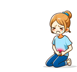 Vector illustration of a young girl in severe pain from recurrent gastritis with copy space on a white background.