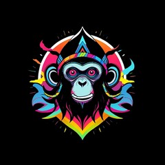 Colorful monkey mascot image. psychedelic graphic design.black background