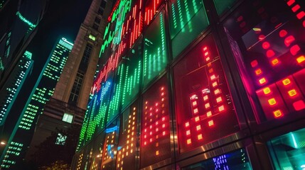 Neon stock market chart on building facade