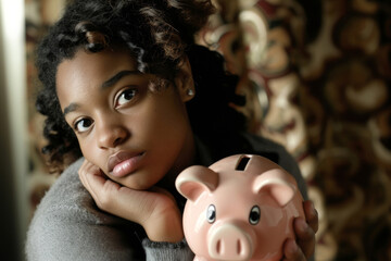 Young woman with curly hair contemplating savings as she holds a piggy bank, symbolizing financial responsibility and planning