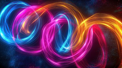 Abstract image of neon light lines swirling in a cosmic dance. With bright colors contrasting with the dark starry sky, the concept of quantum physics.