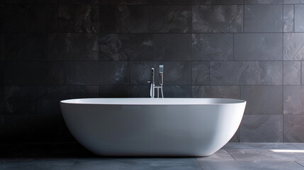Straight-on view of a minimalist bathroom with an eggshell white freestanding tub against a deep charcoal tiled wall.
