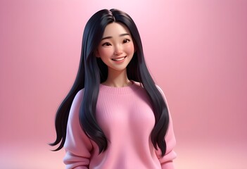 A Smiling Asian cartoon character young female with long black hair wearing pink sweater in 3d style design on light background