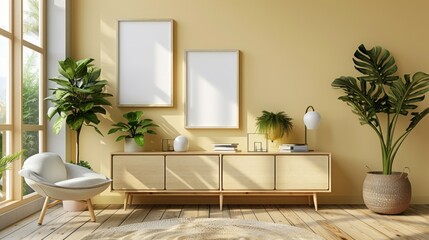 3D render modern yellow wall living room with furniture, and two blank mockup frame