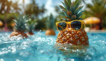 A pineapple is wearing sunglasses and floating in a pool by AI generated image