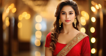 beautiful Indian actress in a red saree, gold jewellery earrings and necklaces, beautiful brown hair with long wavy waves, golden eyes