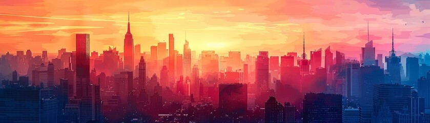 The skyline of a city at sunset, with the colors of the sky reflecting off the buildings.