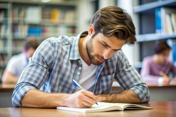 Man preparing exam at university, closeup of young man writing in college library