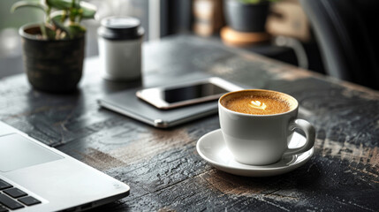 A white coffee cup sits on a wooden table next to a laptop and a cell phone
