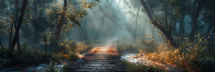 Light and shade in Wood bridge realistic nature and landscape